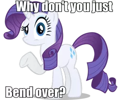 Size: 680x557 | Tagged: suggestive, derpibooru import, rarity, pony, unicorn, bend over, caption, female, mare, solo