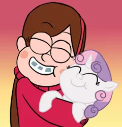 Size: 302x315 | Tagged: safe, derpibooru import, sweetie belle, pony, unicorn, :t, blush sticker, blushing, crossover, cute, diasweetes, eyes closed, female, filly, gradient background, gravity falls, grin, hug, mabel pines, smiling, snuggling