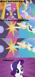 Size: 640x1421 | Tagged: safe, derpibooru import, edit, edited screencap, screencap, princess celestia, rarity, alicorn, pony, unicorn, princess molestia, caption, door, female, horn penetration, mare