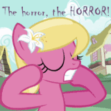 Size: 160x160 | Tagged: animated, bridle gossip, cropped, derpibooru import, gif, gif for breezies, image macro, lily, lily valley, meme, picture for breezies, safe, screencap, subtitles, the horror