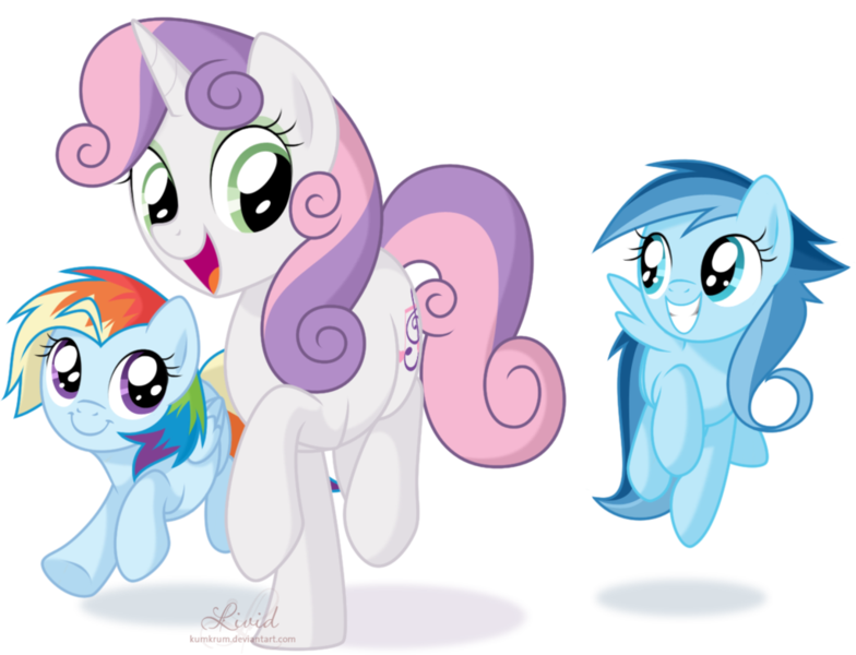 Size: 1024x784 | Tagged: artist:kumkrum, dead source, derpibooru import, filly, foal, foalsitter, oc, oc:ragtag, oc:shooting star, offspring, parent:rainbow dash, parent:soarin', parents:soarindash, safe, simple background, sweetie belle, transparent background