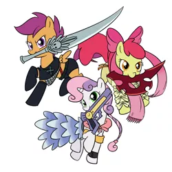 Size: 1500x1500 | Tagged: apple bloom, artist:madmax, cosplay, cutie mark crusaders, derpibooru import, final fantasy, final fantasy x-2, gun, mouth hold, paine, parody, rikku, safe, scootaloo, sweetie belle, sword, warrior, weapon, yuna