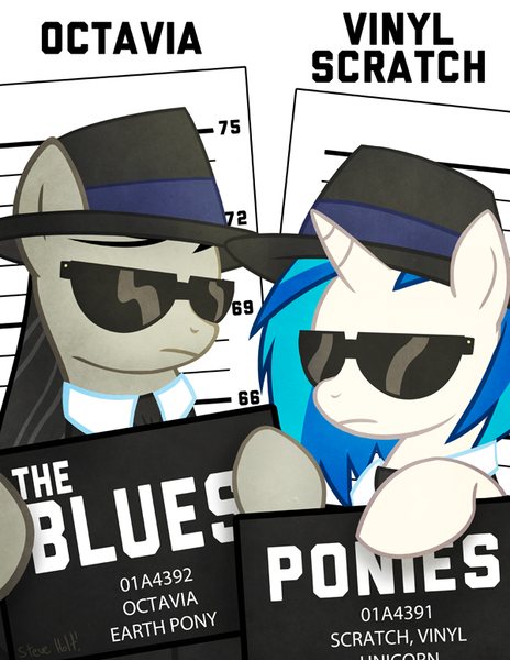 Size: 600x776 | Tagged: artist:steveholt, blues brothers, clothes, derpibooru import, hat, mugshot, octavia melody, parody, safe, suit, sunglasses, vinyl scratch