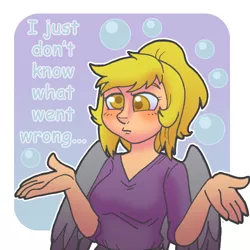 Size: 500x500 | Tagged: artist needed, ask-humanderpy, colored pupils, dead source, derpibooru import, derpy hooves, human, human derpy, humanized, i just don't know what went wrong, ponytail, safe, shrug, solo, winged humanization, wings