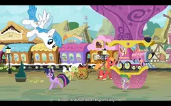 Size: 1024x640 | Tagged: safe, derpibooru import, screencap, big macintosh, chelsea porcelain, cloud kicker, crafty crate, derpy hooves, geri, granny smith, lightning bolt, mr. waddle, sea swirl, seafoam, serena, spike, spring melody, sprinkle medley, steamer, twilight sparkle, white lightning, dragon, earth pony, pegasus, pony, unicorn, putting your hoof down, background pony, female, flying, hot air balloon, intro, male, mare, opening, ponyville, stallion, twinkling balloon, youtube caption