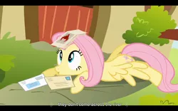 Size: 1024x640 | Tagged: derpibooru import, fluttershy, putting your hoof down, safe, screencap, youtube caption