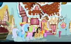 Size: 1024x640 | Tagged: berry punch, berryshine, carrot top, cherry berry, cherry fizzy, daisy, derpibooru import, flower wishes, golden harvest, linky, putting your hoof down, safe, screencap, shoeshine, sugarcube corner, youtube caption