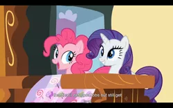 Size: 1024x640 | Tagged: derpibooru import, pinkie pie, putting your hoof down, rarity, safe, screencap, youtube caption