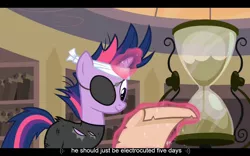 Size: 1024x640 | Tagged: bandage, catsuit, derpibooru import, future twilight, hourglass, it's about time, safe, screencap, twilight sparkle, youtube caption