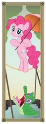 Size: 808x2176 | Tagged: safe, artist:icaron, derpibooru import, gummy, pinkie pie, earth pony, pony, bipedal, crossover, duo, female, mare, pet, show accurate, stretching portrait, the haunted mansion, tightrope, umbrella