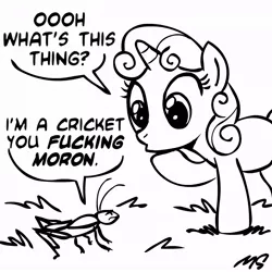 Size: 945x945 | Tagged: safe, artist:megasweet, derpibooru import, sweetie belle, pony, unicorn, :o, comic, cricket (insect), curious, frown, grass, image, jpeg, lineart, monochrome, simple background, sweetie fail, sweetiedumb, unamused, vulgar, white background