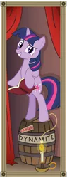 Size: 1500x3956 | Tagged: safe, artist:icaron, derpibooru import, twilight sparkle, pony, unicorn, barrel, bipedal, book, candle, crossover, dynamite, explosives, female, mare, peril, show accurate, solo, stretching portrait, the haunted mansion, this will end in death, this will end in tears, this will end in tears and/or death