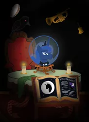 Size: 3000x4101 | Tagged: artist:icaron, bird, book, candle, crossover, derpibooru import, madame leota, moon, musical instrument, princess luna, safe, show accurate, solo, tambourine, the haunted mansion, trumpet