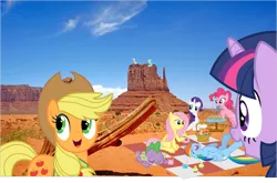 Size: 1502x993 | Tagged: safe, derpibooru import, applejack, derpy hooves, fluttershy, lyra heartstrings, pinkie pie, rainbow dash, rarity, twilight sparkle, pony, arizona, desert, irl, mane six, meme, monument valley, photo, ponies in real life, sitting, vector, wild west