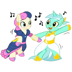 Size: 945x945 | Tagged: safe, artist:krekka01, artist:megasweet, derpibooru import, bon bon, lyra heartstrings, sweetie drops, pony, bipedal, clothes, dancing, dress, female, gala, gala dress, grand galloping gala, human behavior, lesbian, lyrabon, music notes, shipping, simple background, smiling, transparent background