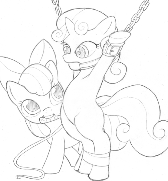 Size: 832x900 | Tagged: suggestive, artist:lahsparkster, derpibooru import, apple bloom, sweetie belle, pony, ballgag, bipedal, bondage, chains, featureless crotch, female, foalcon, gag, lesbian, shipping, sweetiebloom, whip