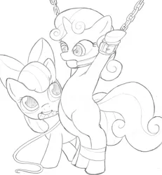 Size: 832x900 | Tagged: suggestive, artist:lahsparkster, derpibooru import, apple bloom, sweetie belle, pony, ballgag, bipedal, bondage, chains, featureless crotch, female, foalcon, gag, lesbian, shipping, sweetiebloom, whip