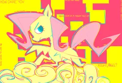 Size: 1280x875 | Tagged: safe, artist:opplejock, derpibooru import, fluttershy, pegasus, pony, abstract background, angular, dialogue, female, looking at you, mare, profile, solo, spread wings, wings