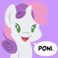 Size: 945x945 | Tagged: safe, artist:megasweet, derpibooru import, sweetie belle, pony, unicorn, ask smarty belle, cute, dialogue, female, filly, looking at you, open mouth, poni, purple background, simple background, smarty belle, smiling, solo
