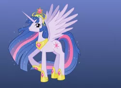 Size: 900x655 | Tagged: safe, artist:princesschuchi, derpibooru import, princess twilight 2.0, twilight sparkle, twilight sparkle (alicorn), alicorn, pony, big crown thingy, blue background, female, hilarious in hindsight, hoof shoes, jewelry, mare, peytral, princess, regalia, simple background, solo, spread wings, ultimate twilight, wings