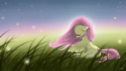 Size: 1920x1080 | Tagged: safe, artist:feather-ponyart, derpibooru import, fluttershy, firefly (insect), pegasus, pony, female, floppy ears, grass, lidded eyes, looking down, mare, outdoors, sitting, solo, spread wings, stray strand, windswept mane, wings