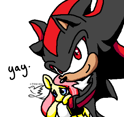 Size: 420x397 | Tagged: artist:feniiku, crossover, crossover shipping, derpibooru import, fluttershadow, fluttershy, interspecies, safe, shadow the hedgehog, shipping, sonic the hedgehog (series), yay