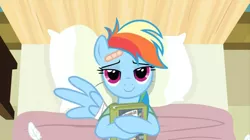 Size: 1678x942 | Tagged: safe, derpibooru import, screencap, rainbow dash, pegasus, pony, read it and weep, bandaid, book, cute, dashabetes, female, lidded eyes, looking at you, mare, solo