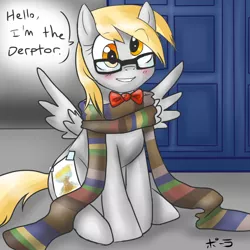 Size: 800x800 | Tagged: safe, artist:jitterbugjive, derpibooru import, derpy hooves, pegasus, pony, lovestruck derpy, ask, blushing, bowtie, clothes, crossover, doctor derpy, doctor who, fake cutie mark, female, fourth doctor's scarf, glasses, mare, scarf, solo, tardis, tumblr