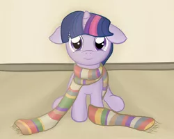 Size: 1280x1024 | Tagged: safe, artist:captainbritish, derpibooru import, twilight sparkle, pony, unicorn, clothes, cute, doctor who, female, filly, filly twilight sparkle, floppy ears, fourth doctor, fourth doctor's scarf, long scarf, looking at you, scarf, sitting, smiling, solo, twiabetes, younger