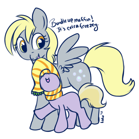 Size: 450x450 | Tagged: safe, artist:lulubell, derpibooru import, derpy hooves, dinky hooves, pegasus, pony, clothes, equestria's best mother, female, mare, scarf, simple background, white background