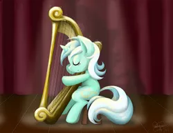 Size: 1646x1271 | Tagged: safe, artist:midori-no-ink, derpibooru import, lyra heartstrings, pony, unicorn, eyes closed, harp, musical instrument, sitting, smiling, solo, stage, stool