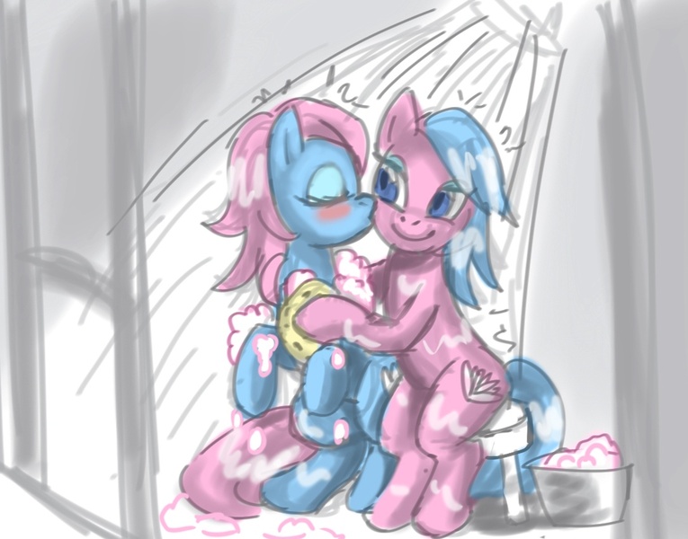 Size: 1087x852 | Tagged: aloe, artist:pluckyninja, blushing, derpibooru import, female, incest, kissing, lesbian, lotus blossom, safe, shipping, shower, source needed, spacest, spa twins, sponge, twincest