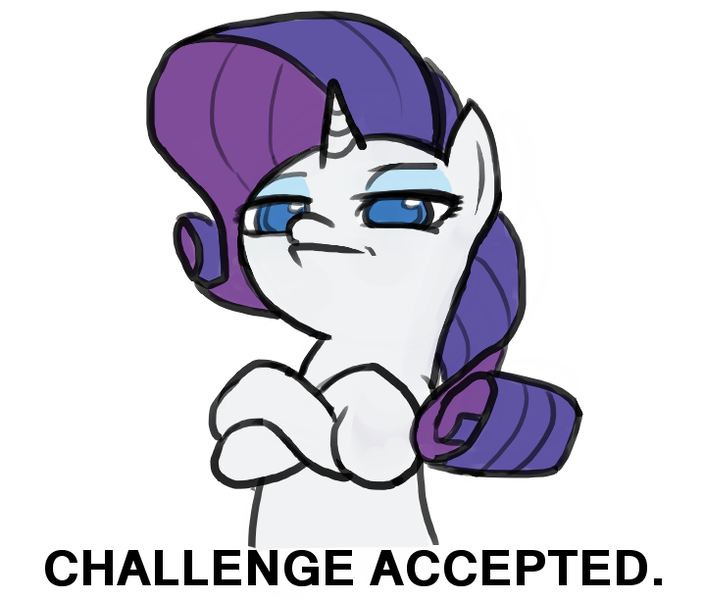 Size: 718x612 | Tagged: safe, artist:valcron, derpibooru import, rarity, pony, unicorn, challenge accepted, colored pupils, crossed arms, female, lidded eyes, looking at you, mare, reaction image, simple background, solo, white background