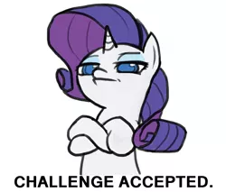 Size: 718x612 | Tagged: safe, artist:valcron, derpibooru import, rarity, pony, unicorn, challenge accepted, colored pupils, crossed arms, female, lidded eyes, looking at you, mare, reaction image, simple background, solo, white background
