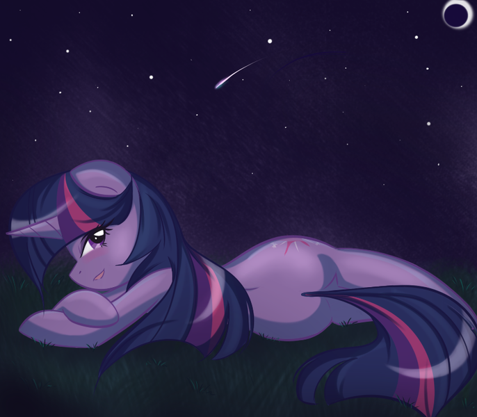 Size: 800x700 | Tagged: artist:bamboodog, derpibooru import, female, grass, looking at you, lying down, night, plot, shooting star, solo, solo female, source needed, stars, suggestive, twilight sparkle