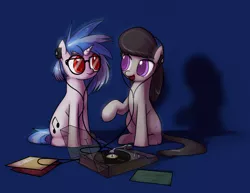 Size: 1488x1148 | Tagged: safe, artist:valcron, derpibooru import, octavia melody, vinyl scratch, earth pony, pony, unicorn, colored pupils, cute, dark blue background, duo, female, glasses, headphones, looking at each other, mare, record, record player, red eyes, simple background, sitting, tavibetes, turntable, vinylbetes, wrong eye color