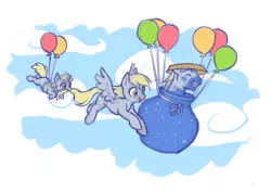Size: 841x595 | Tagged: safe, artist:rasenth, derpibooru import, derpy hooves, dinky hooves, hugh jelly, pegasus, pony, balloon, cloud, cloudy, equestria's best uncle, eyes closed, female, flying, mare, mother and daughter, mouth hold, sky, trio