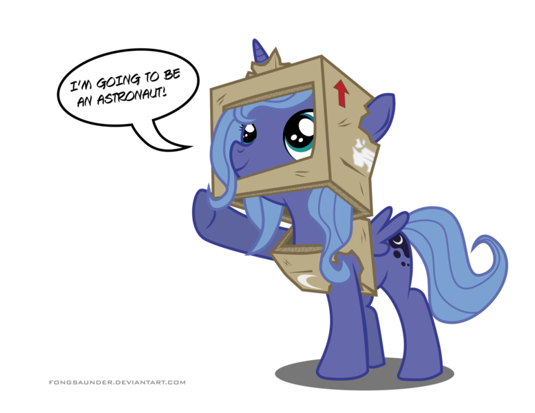 Size: 1600x1236 | Tagged: safe, artist:fongsaunder, derpibooru import, princess luna, alicorn, pony, astronaut, cardboard box, cute, dialogue, female, filly, looking up, pointing, raised hoof, simple background, smiling, solo, speech bubble, transparent background, underhoof, vector, woona