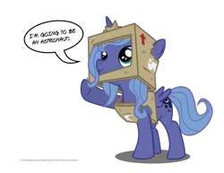 Size: 1600x1236 | Tagged: safe, artist:fongsaunder, derpibooru import, princess luna, alicorn, pony, astronaut, cardboard box, cute, dialogue, female, filly, looking up, pointing, raised hoof, simple background, smiling, solo, speech bubble, transparent background, underhoof, vector, woona