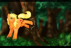 Size: 4500x3000 | Tagged: safe, artist:keikonimidnight, derpibooru import, applejack, earth pony, pony, applebucking, female, forest, g1, g4, g4 to g1, generation leap, kick, mare, nature, scenery, solo