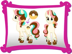 Size: 517x392 | Tagged: artist:angela schramm, c:, contest, derpibooru import, design, design a my little pony contest, donut, food, freckles, hasbro, oc, oc:sugar sprinkles, safe, smiling, solo, unofficial characters only