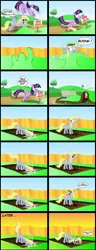 Size: 1110x2880 | Tagged: safe, artist:gonein10seconds, derpibooru import, derpy hooves, twilight sparkle, pegasus, pony, comic, dirt, ed edd n eddy, female, fence, grass, mare, plank, sign, stop look and ed, woodpecker