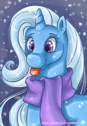 Size: 1236x1800 | Tagged: safe, artist:amenoo, derpibooru import, trixie, pony, unicorn, clothes, female, mane, mare, scarf, smiling, snow, snowflake, solo, tongue out