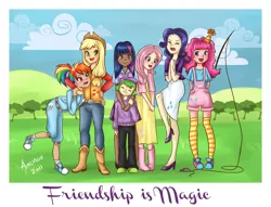 Size: 3693x2827 | Tagged: applejack, artist:amenoo, clothes, converse, derpibooru import, dress, fluttershy, grass, high res, humanized, mane seven, mane six, pinkie pie, rainbow dash, rarity, safe, shoes, skinny, sneakers, spike, title drop, twilight sparkle