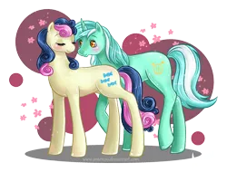 Size: 1500x1140 | Tagged: safe, artist:amenoo, derpibooru import, bon bon, lyra heartstrings, sweetie drops, earth pony, pony, unicorn, blushing, eyes closed, female, flower, lesbian, lyrabon, shiny, shipping