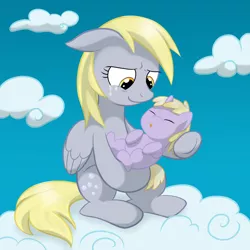 Size: 1500x1500 | Tagged: safe, artist:megasweet, artist:php44, derpibooru import, edit, derpy hooves, dinky hooves, pegasus, pony, cloud, cloudy, crying, equestria's best daughter, equestria's best mother, female, foal, like mother like daughter, mare, mother and daughter, newborn