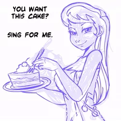 Size: 945x945 | Tagged: artist:megasweet, bedroom eyes, breasts, busty octavia, cake, derpibooru import, do you want this cake, female, humanized, looking at you, octavia melody, solo, solo female, suggestive, towel