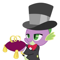 Size: 4000x3962 | Tagged: artist:kika1057, bowtie, clothes, derpibooru import, dragon, hat, male, ring, safe, simple background, slit eyes, solo, spike, suit, top hat, transparent background, wedding, wedding ring