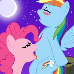 Size: 2000x2000 | Tagged: suggestive, artist:megasweet, derpibooru import, pinkie pie, rainbow dash, blushing, female, high res, lesbian, licking, moon, pinkiedash, shipping