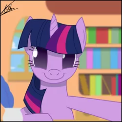 Size: 1080x1080 | Tagged: safe, artist:thedeseasedcow, derpibooru import, twilight sparkle, pony, bookshelf, female, looking at you, mare, quill, selfie, smiling, solo, window